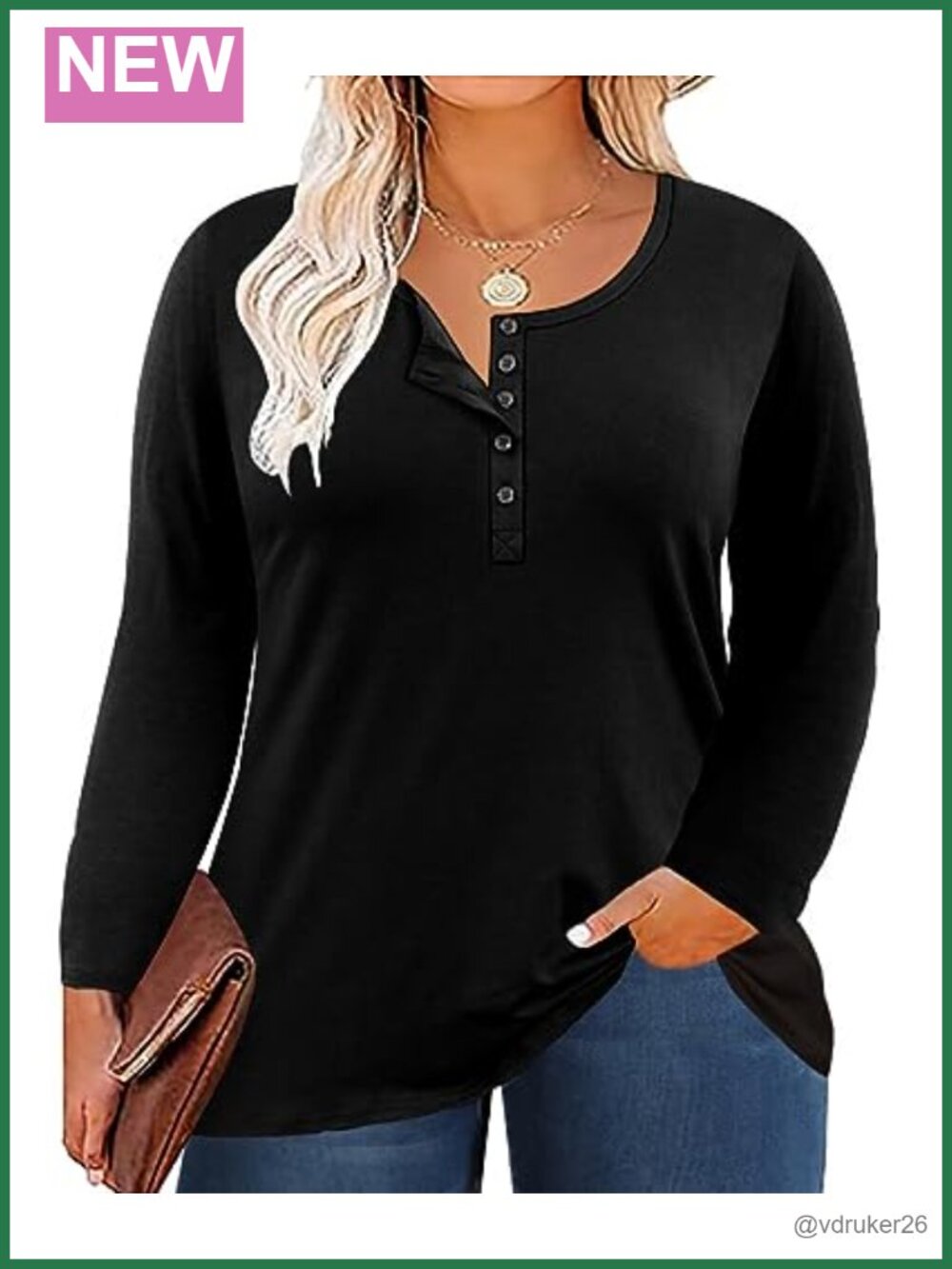 Womens Plus Size Henley Neck Tunic Top Long Sleeve Button Front Loose Fit